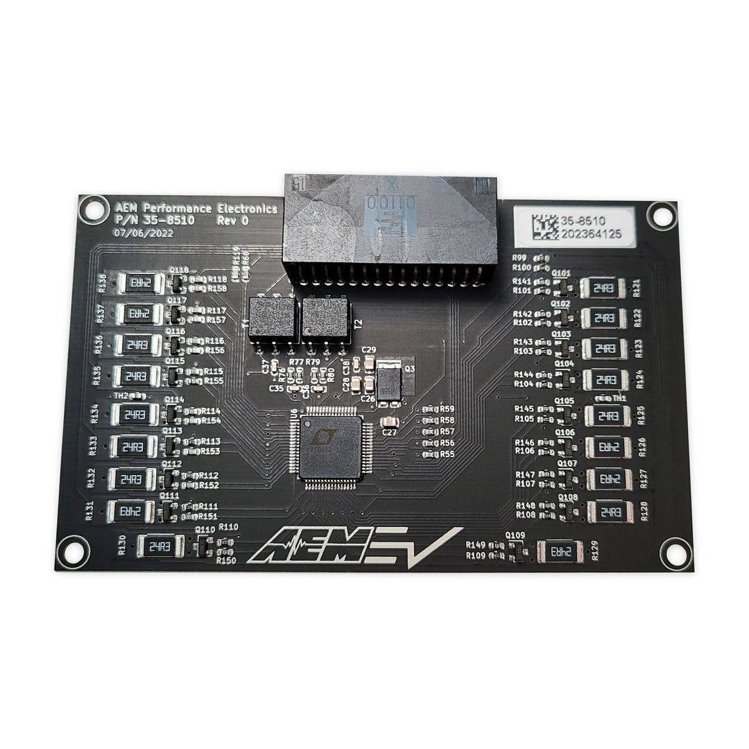 Electronic circuit board with AEM Performance Electronics branding on a white background