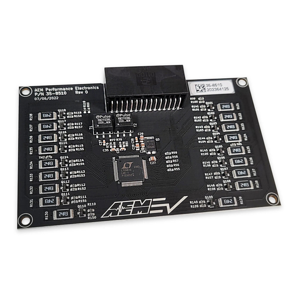 Electronic circuit board with AEM logo on a white background